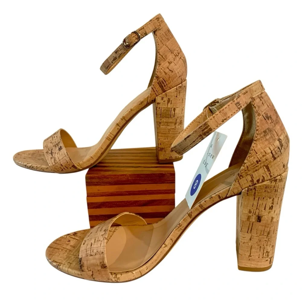 Sexy Ankle Strap 3.75” High Block Heel Open Toe Sandals Faux Cork Design Size 8 - Picture 4 of 15